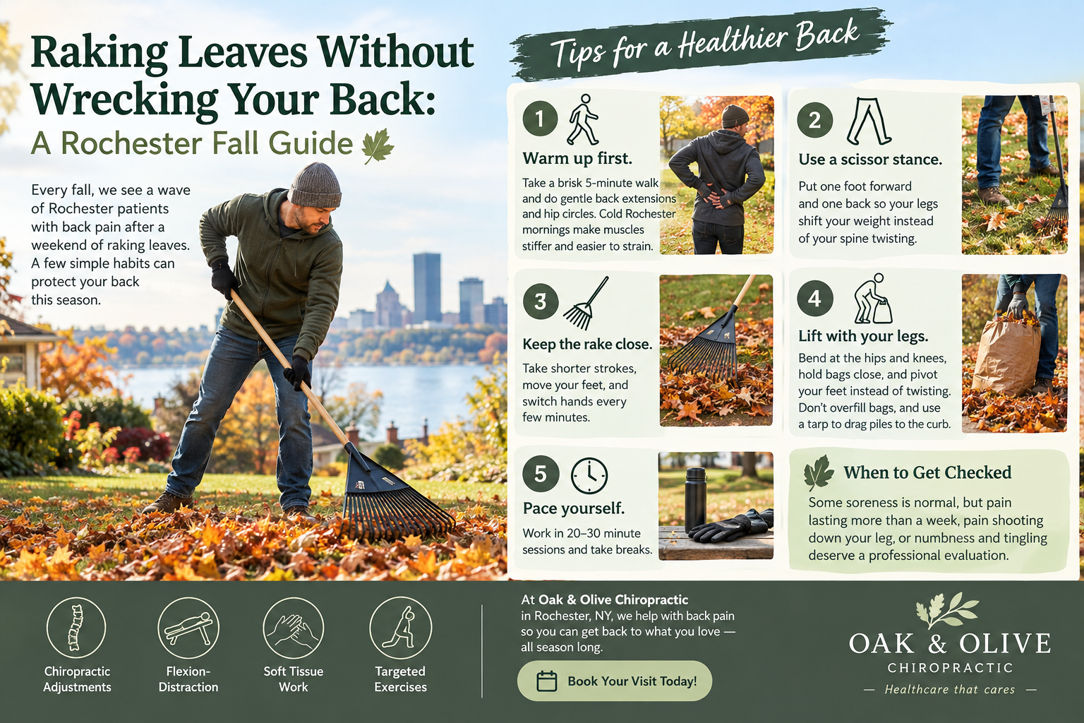 Infographic of a man raking leaves near the Rochester skyline with tips to avoid back pain: warm up, use a scissor stance, keep the rake close, lift with your legs, and pace yourself
